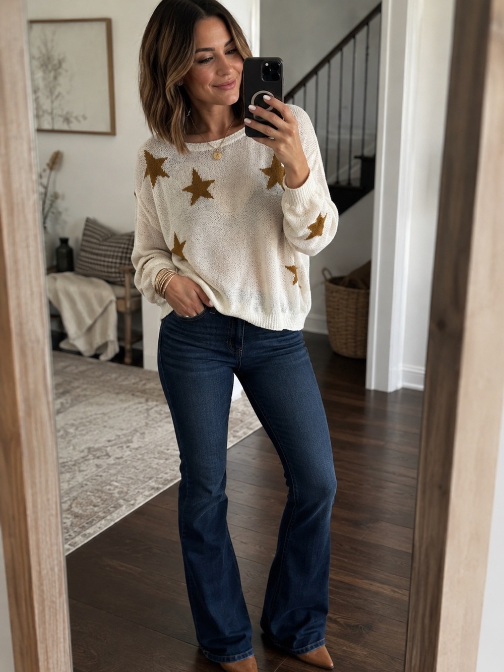 Wishlist Cream Crewneck Sweater with Gold Star Pattern